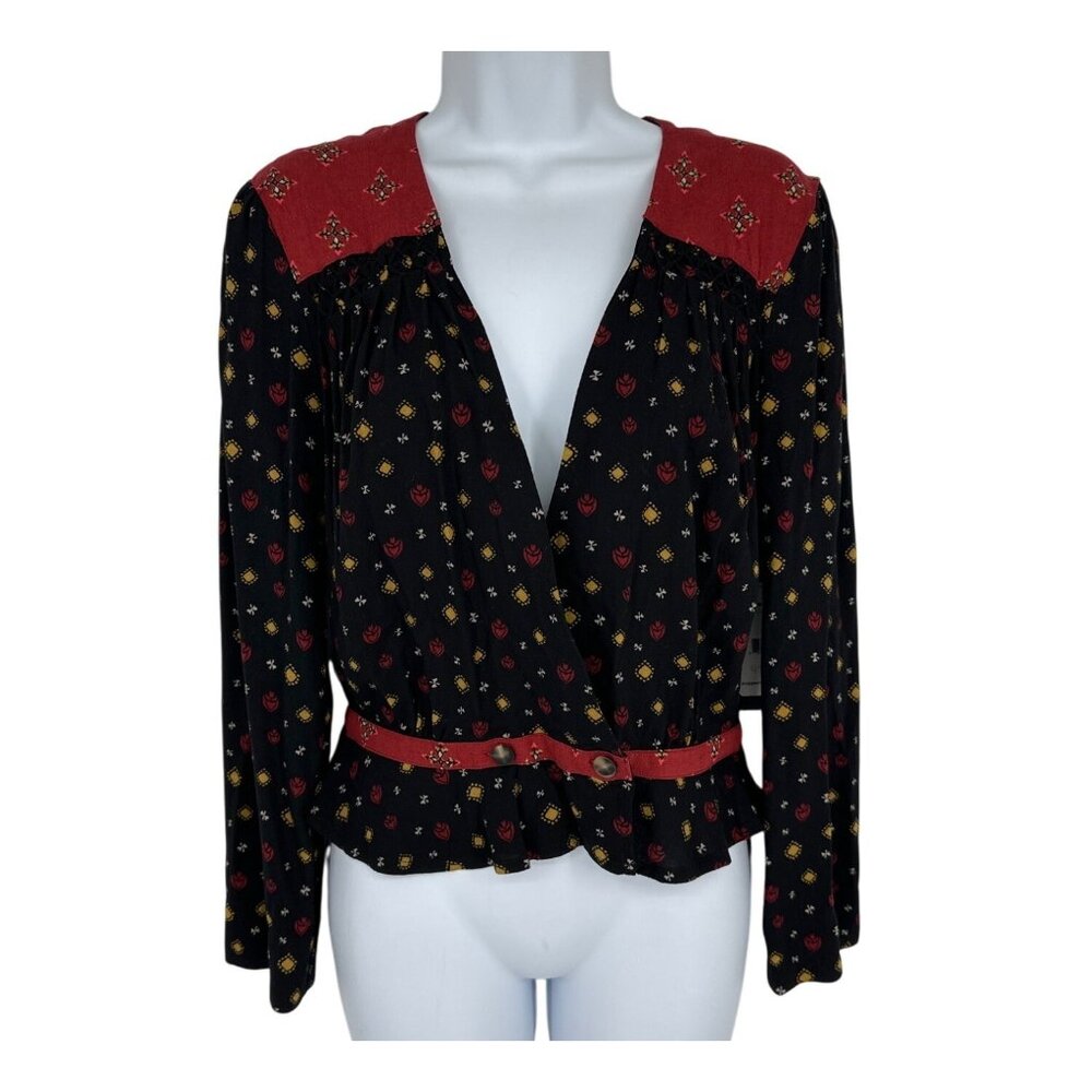 Free People Top Where We Roam Crossover Wrap Long Sleeve Printed Blouse Size S